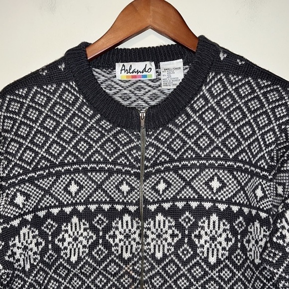 Vintage Wool blend Cardigan Fair Isle Front Zip gray Print Women's Small - Picture 2 of 5